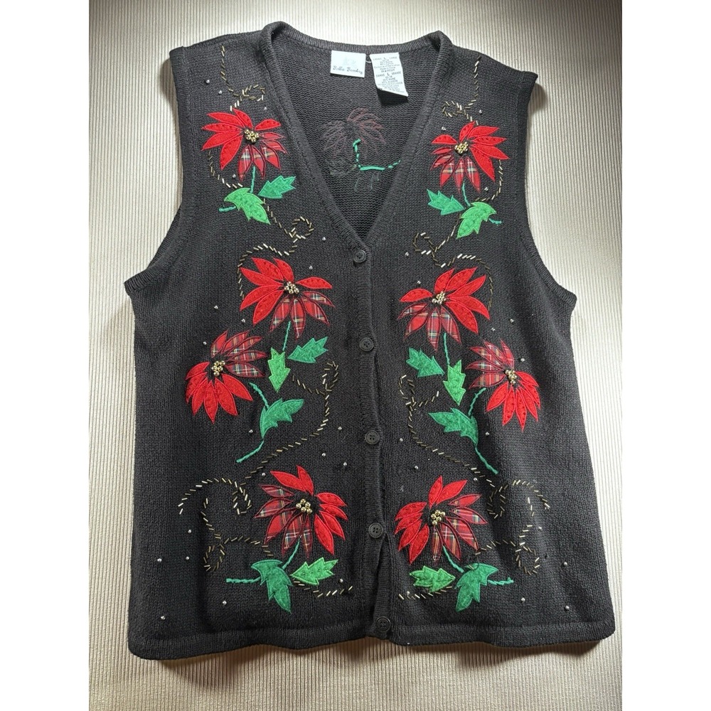 Vintage Bobbie Brooks Christmas Sweater Vest Women's L‎ Poinsettia Button Up